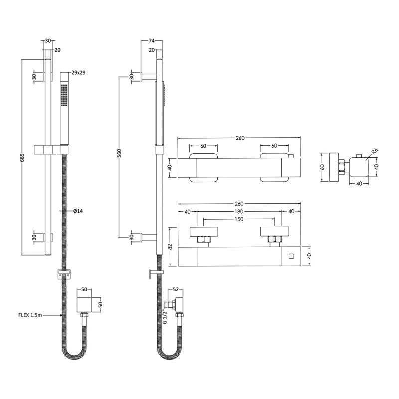 Hudson Reed Windon Square Thermostatic Bar Shower Valve with Kubix Slider Rail Kit - Chrome