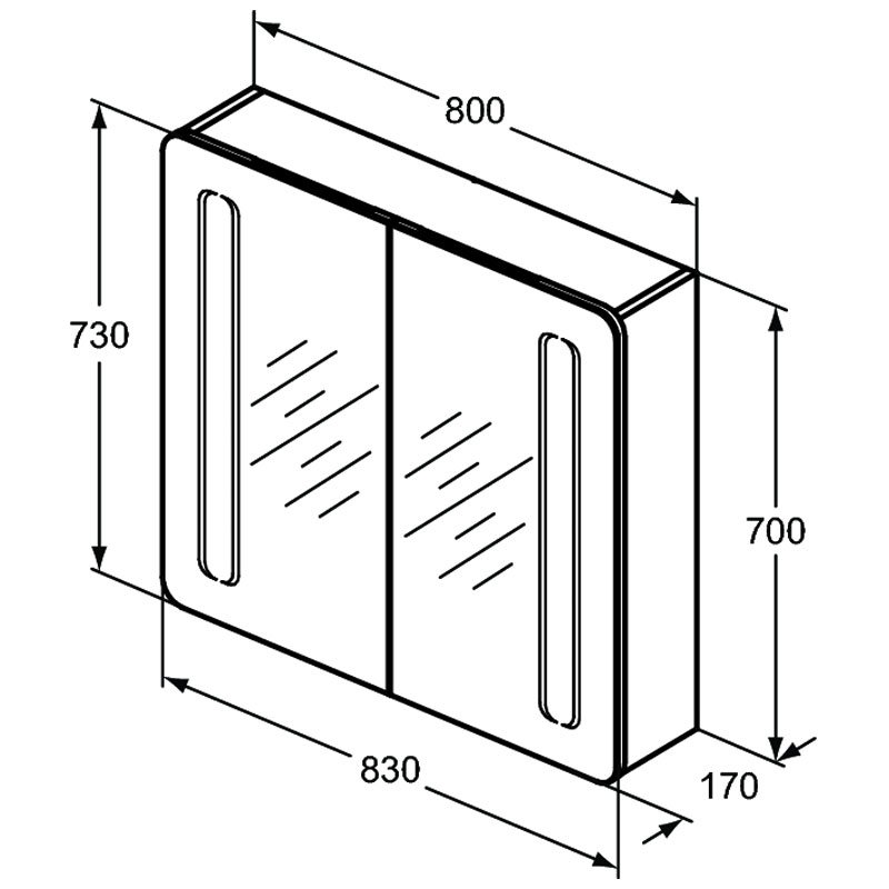 Ideal Standard 2-Door Mirror Cabinet with Bottom Ambient and Front Light 830mm Wide - Aluminium