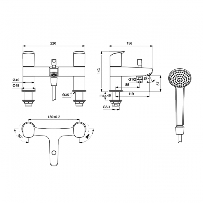 Ideal Standard Ceraflex Bath Shower Mixer Tap with Shower Kit - Chrome
