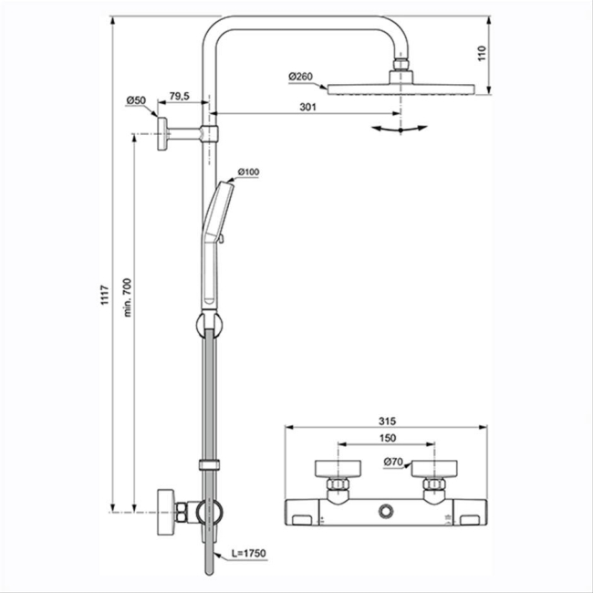 Ideal Standard Ceratherm T25N Eco Dual Thermostatic Bar Shower Valve with Shower Kit + Fixed Head  | Dimension Image