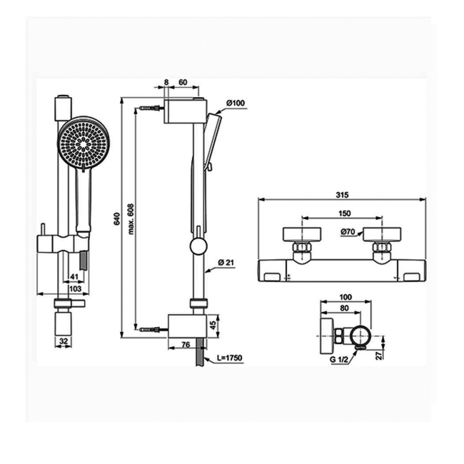 Ideal Standard Ceratherm T25N Thermostatic Bar Shower Mixer with Shower Kit - Chrome  | Dimension Image
