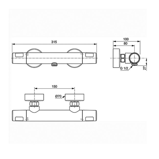 Ideal Standard Ceratherm T25N Bar Shower Valve Bottom Outlet - Chrome  | Dimension Image
