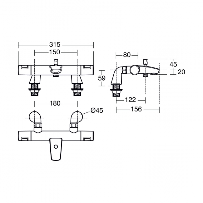 Ideal Standard Ceratherm T25 Pillar Mounted Thermostatic Bath Shower Mixer Tap - Chrome