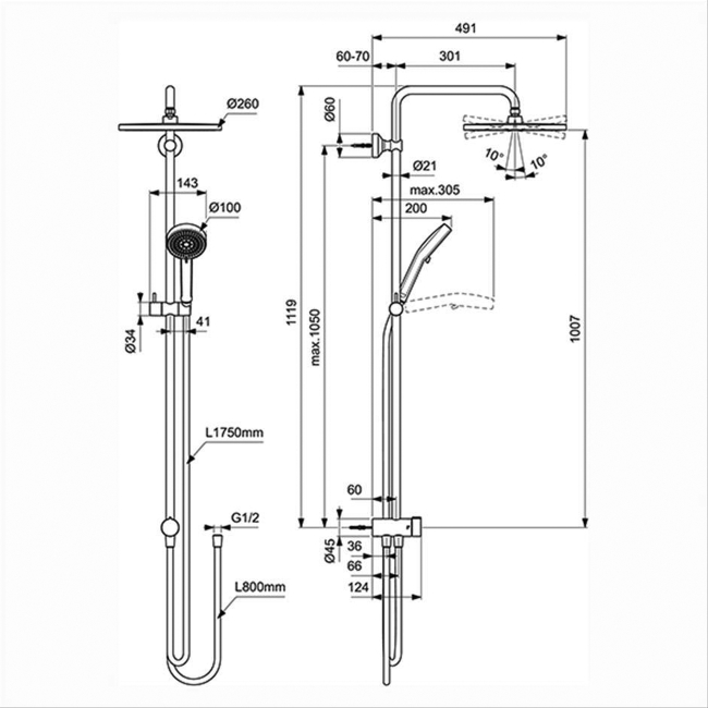 Ideal Standard Ceratwist T25N Shower Kit with Rail and 1.75m Hose - Chrome  | Dimension Image