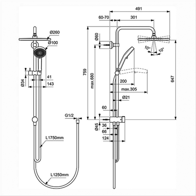 Ideal Standard Ceratwist T25N Eco Shower Kit with Rail and 1.75m Hose - Chrome  | Dimension Image