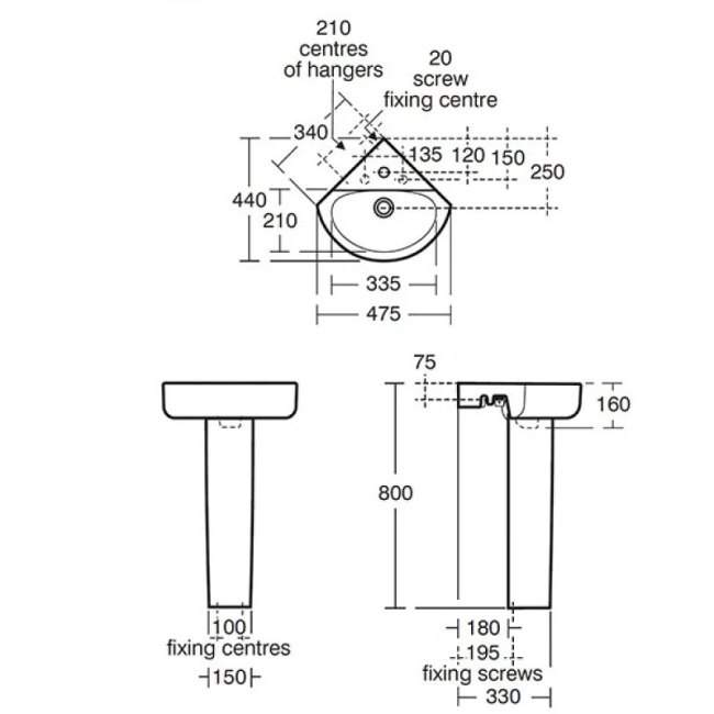 Ideal Standard Concept Arc Corner Basin and Full Pedestal 450mm Wide 1 Tap Hole  | Dimension Image