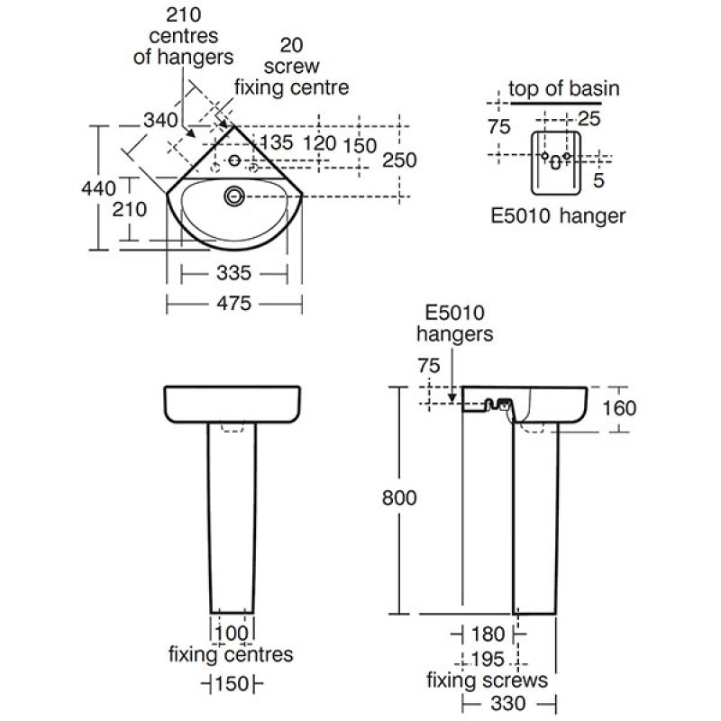 Ideal Standard Concept Arc Corner Basin and Full Pedestal 450mm Wide 1 Tap Hole