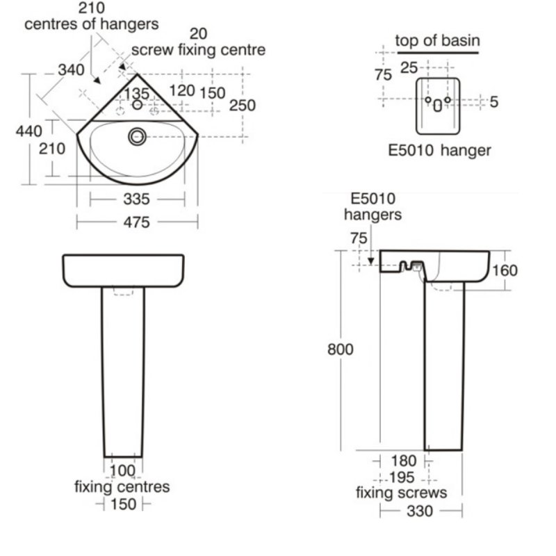 Ideal Standard Concept Arc Corner Basin and Full Pedestal 450mm Wide 2 Tap Hole