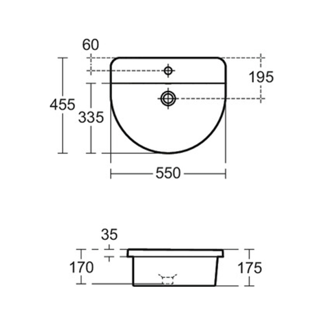 Ideal Standard Concept Arc Countertop Basin 550mm Wide 1 Tap Hole  | Dimension Image