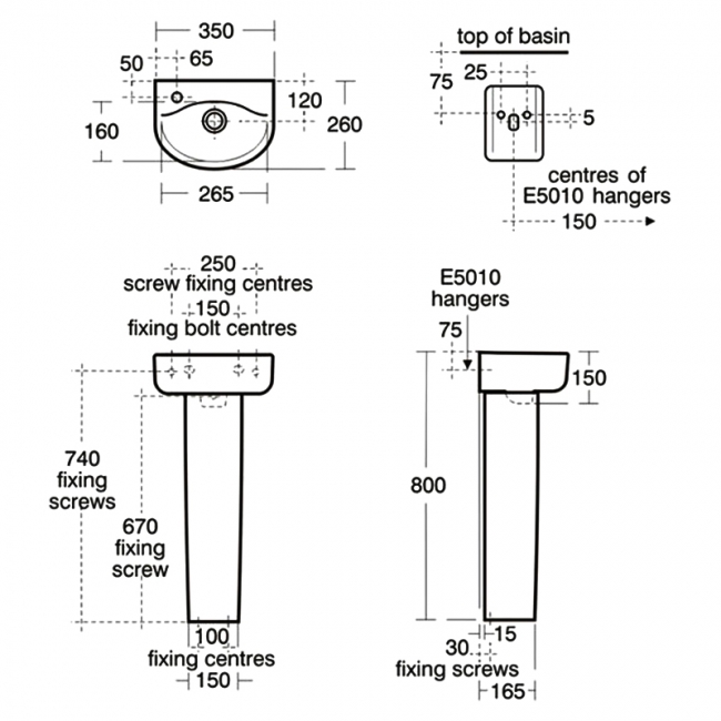 Ideal Standard Concept Arc Handrinse Basin and Full Pedestal Left Handed 350mm Wide