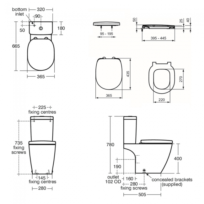 Ideal Standard Concept Cube Close Coupled Toilet with Eco Cistern (inc Soft Close Wrapover Seat)  | Dimension Image