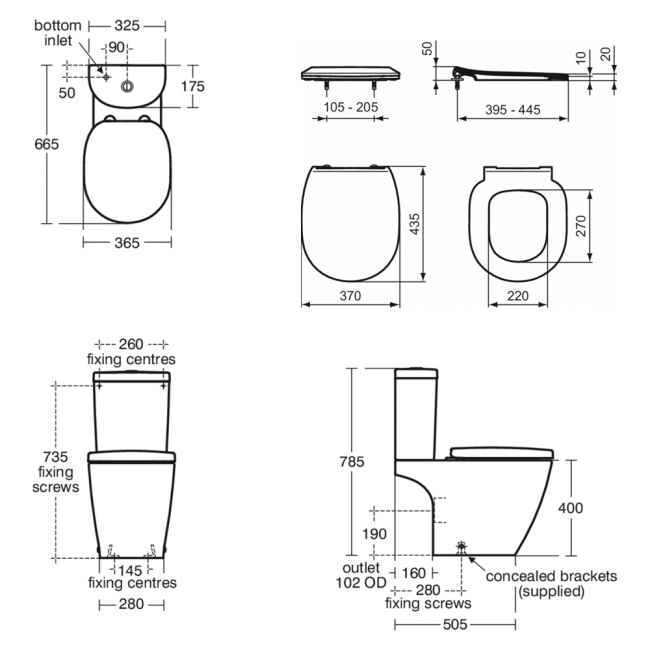 Ideal Standard Concept Arc Close Coupled Toilet (inc Soft Close Slim Seat)  | Dimension Image