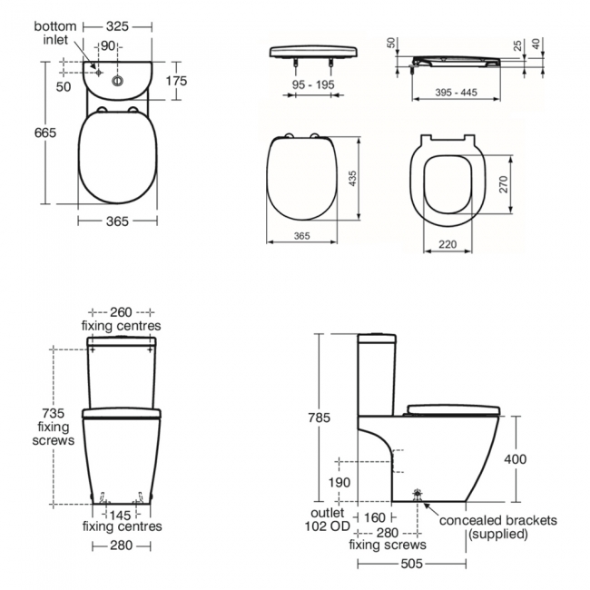 Ideal Standard Concept Arc Close Coupled Toilet (inc Soft Close Wrapover Seat)  | Dimension Image