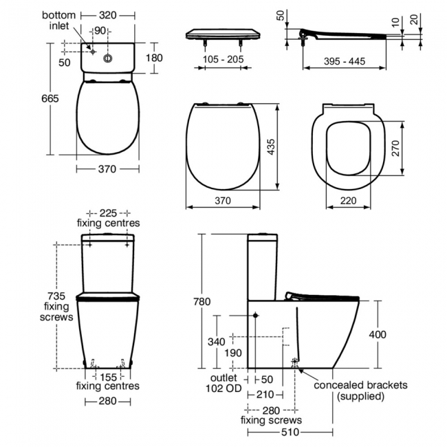 Ideal Standard Concept Cube BTW Close Coupled Toilet (inc Soft Close Slim Seat)  | Dimension Image