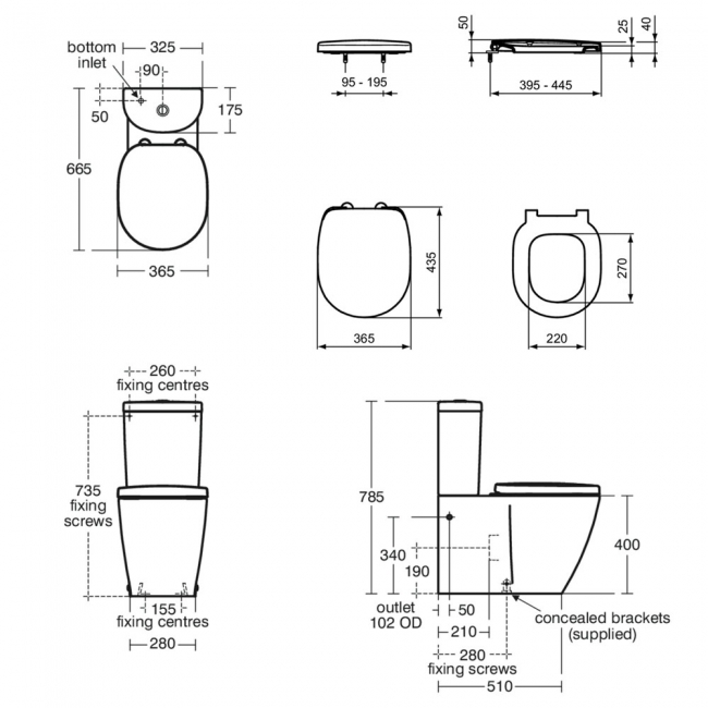 Ideal Standard Concept Arc BTW Close Coupled Toilet (inc Soft Close Wrapover Seat)  | Dimension Image