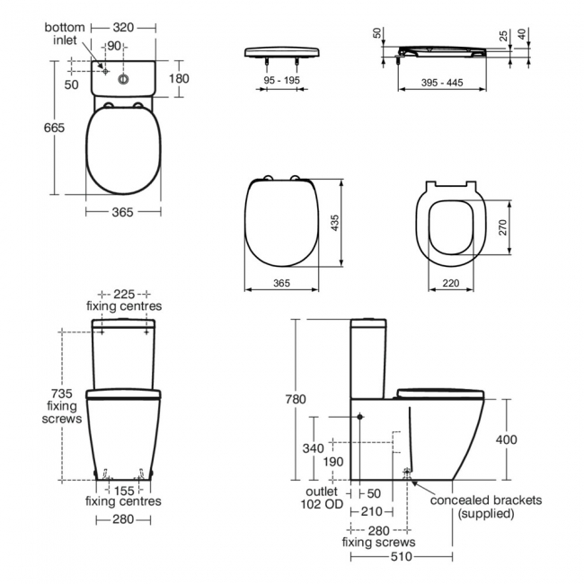 Ideal Standard Concept Cube BTW Close Coupled Toilet with Eco Cistern (inc Soft Close Wrapover Seat)  | Dimension Image