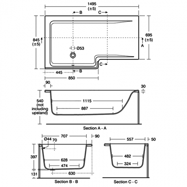 Ideal Standard Concept L-Shaped Shower Bath 1500mm X 700mm/850mm Left Handed 0 Tap Hole