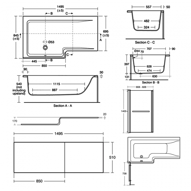 Ideal Standard Concept L-Shaped Shower Bath with Front Panel and Screen 1500mm x 850mm Left Handed
