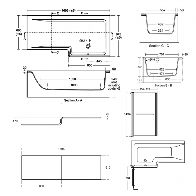 Ideal Standard Concept L-Shaped Shower Bath with Front Panel and Screen 1700mm x 850mm Right Handed