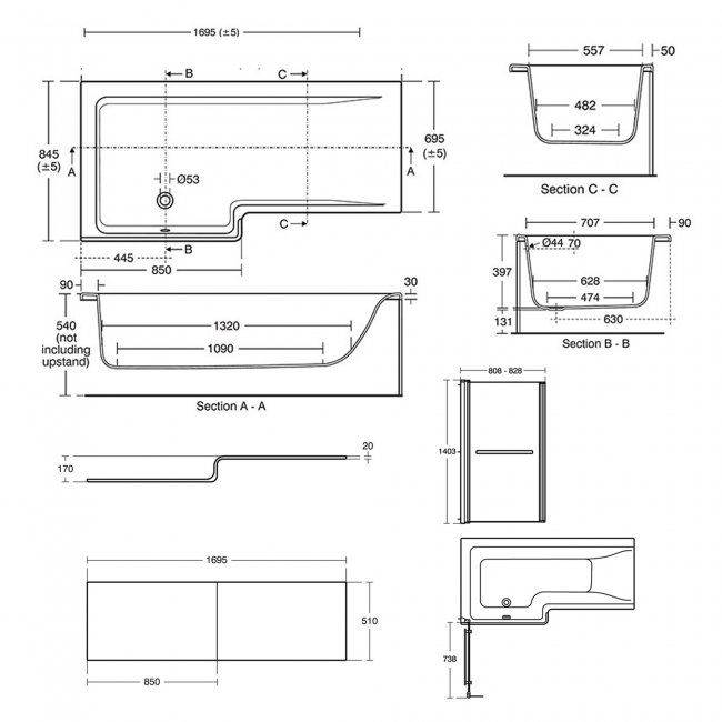 Ideal Standard Concept L-Shaped Shower Bath with Front Panel and Screen 1700mm x 850mm Left Handed