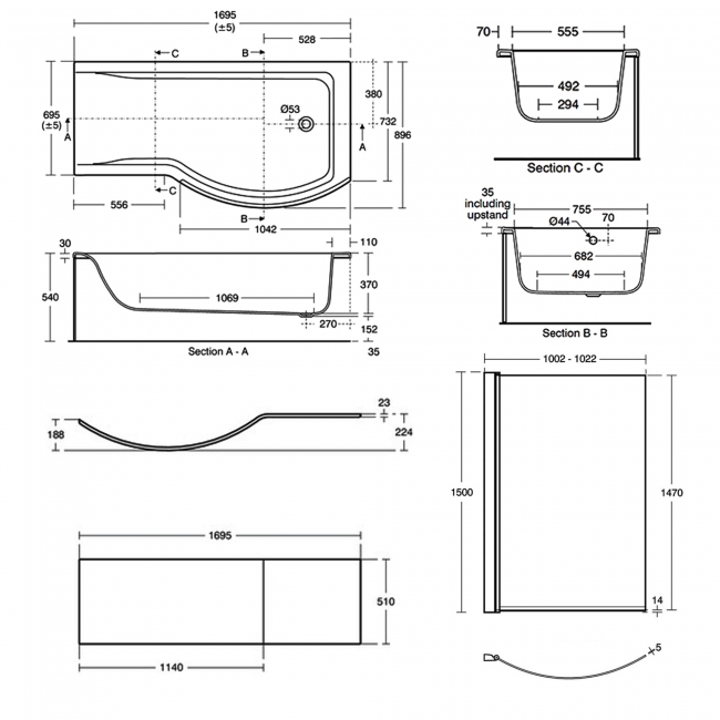 Ideal Standard Concept P-Shaped Shower Bath with Front Panel and Screen 1700mm x 900mm Right Handed