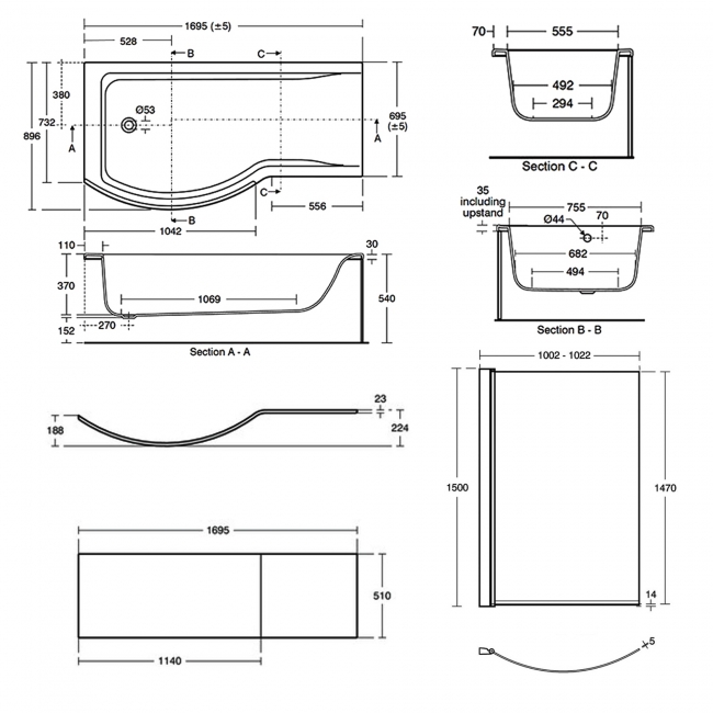 Ideal Standard Concept P-Shaped Shower Bath with Front Panel and Screen 1700mm x 900mm Left Handed