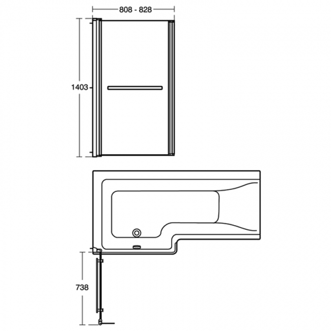 Ideal Standard Concept L-Shaped Hinged Bath Screen with Towel Rail 1400mm H x 828mm W - 5mm Glass