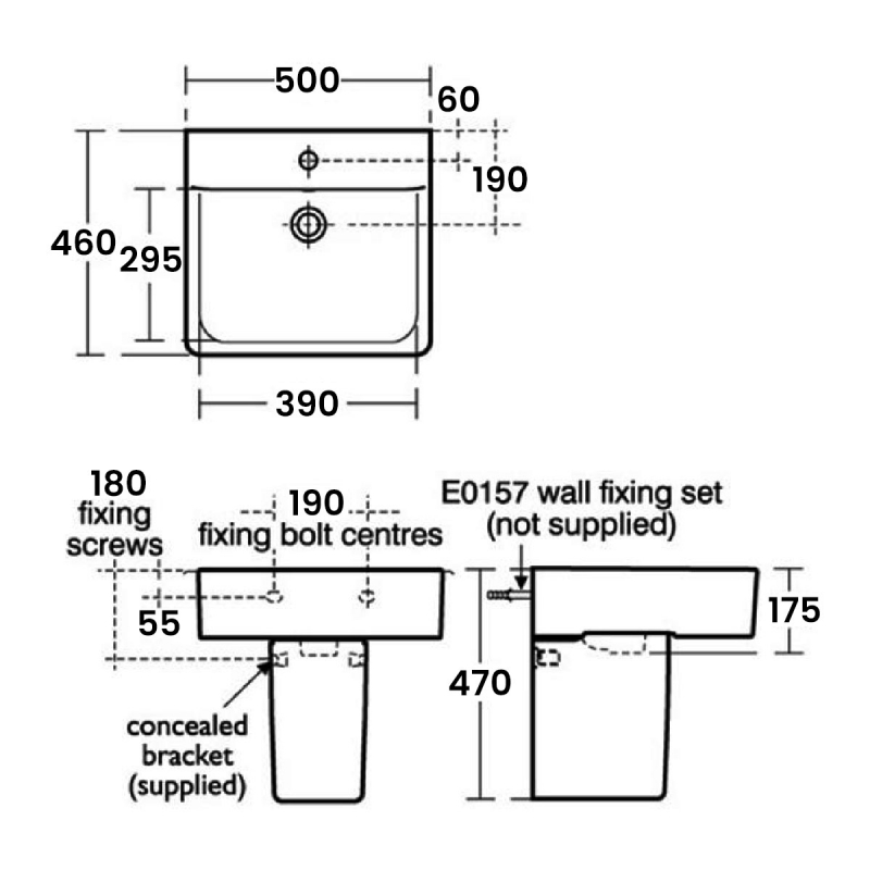 Ideal Standard Concept Cube Basin and Semi Pedestal 500mm Wide 1 Tap Hole  | Dimension Image