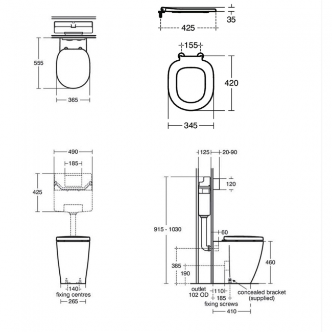 Ideal Standard Concept Freedom Raised Height Back to Wall Toilet (inc Ring Seat)  | Dimension Image