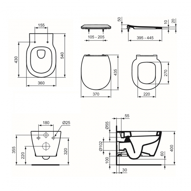 Ideal Standard Concept Wall Hung Toilet (inc Soft Close Slim Seat)  | Dimension Image