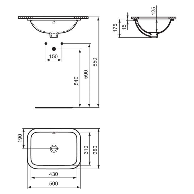 Ideal Standard Connect Undermount Countertop Basin 500mm Wide - 0 Tap Hole