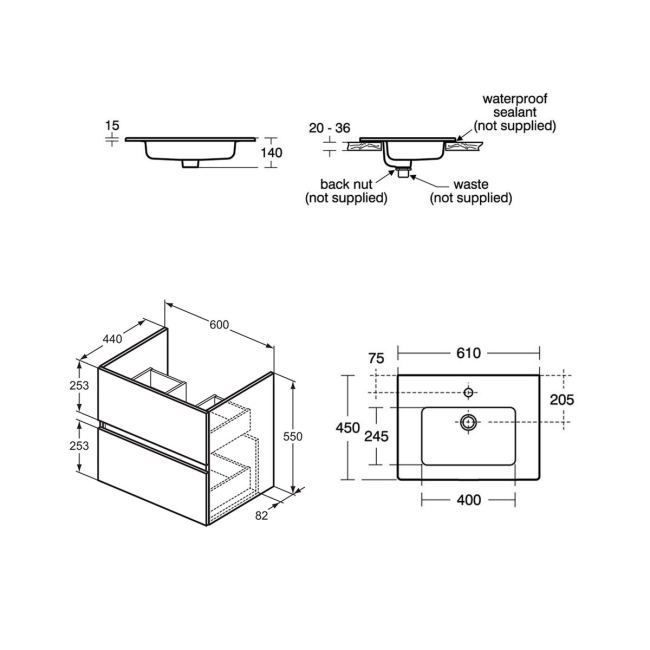 Ideal Standard Eurovit+ Wall Hung 2-Drawer Vanity Unit with Basin 600mm Wide - Natural Oak  | Dimension Image