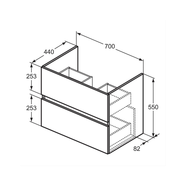 Ideal Standard Eurovit+ Wall Hung 2-Drawer Vanity Unit with Basin 700mm Wide - Mid Grey  | Dimension Image