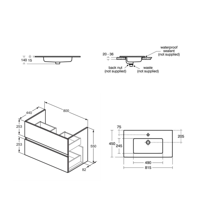 Ideal Standard Eurovit+ Wall Hung 2-Drawer Vanity Unit with Basin 800mm Wide - Natural Oak  | Dimension Image
