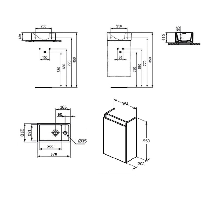 Ideal Standard Eurovit+ RH Wall Hung 1-Door Vanity Unit with Basin 350mm Wide - Mid Grey  | Dimension Image