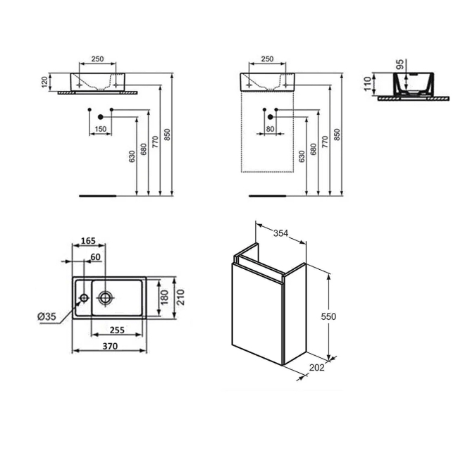 Ideal Standard Eurovit+ LH Wall Hung 1-Door Vanity Unit with Basin 350mm Wide - Mid Grey  | Dimension Image