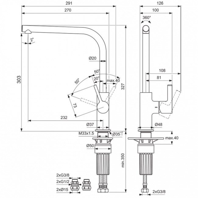 Ideal Standard Gusto L-Shape Kitchen Sink Mixer Tap - Chrome