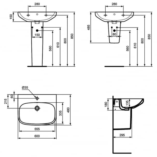 Ideal Standard I.Life A Basin and Full Pedestal 600mm Wide - 1 Tap Hole