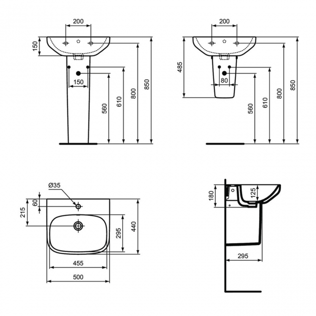 Ideal Standard I.Life A Basin and Full Pedestal 500mm Wide - 1 Tap Hole