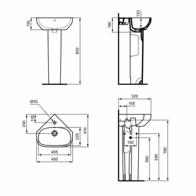 Ideal Standard I.Life A Corner Handrinse Basin with Full Pedestal 400mm Wide - 1 Tap Hole