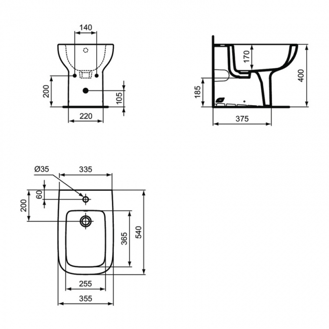 Ideal Standard I.Life A Back to Wall Bidet 360mm Wide - 1 Tap Hole