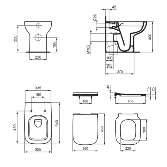 Ideal Standard I.Life A Rimless Back to Wall Toilet (inc Soft Close Slim Seat)  | Dimension Image