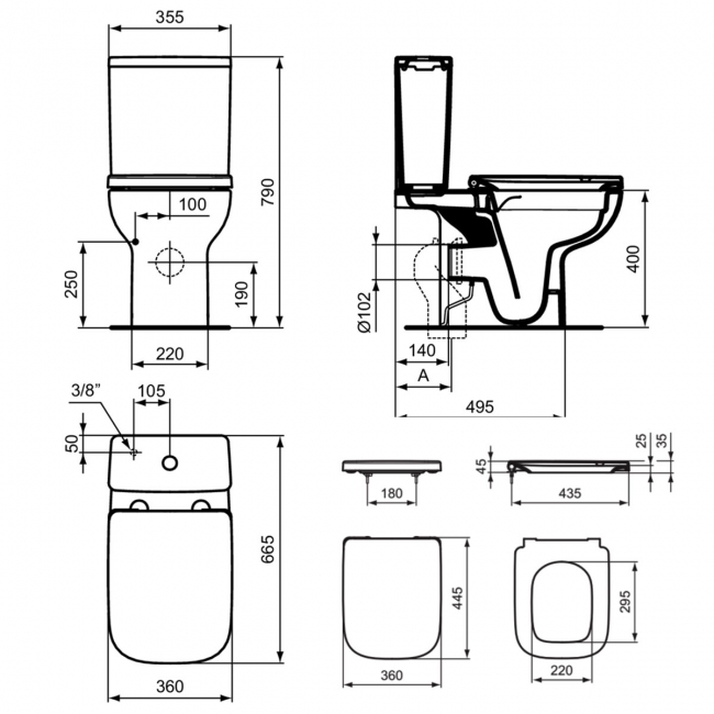 Ideal Standard I.Life A Rimless Close Coupled Toilet with Eco Cistern (inc Soft Close Wrapover Seat)  | Dimension Image