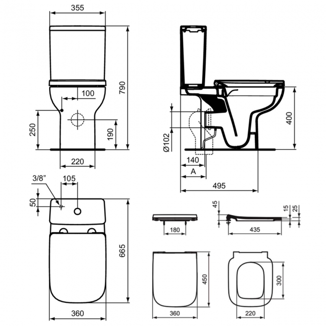 Ideal Standard I.Life A Rimless Close Coupled Toilet with Eco Cistern (inc Soft Close Slim Seat)  | Dimension Image