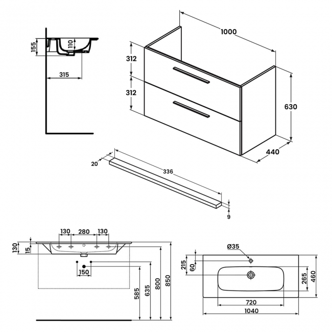 Ideal Standard I.Life A Vanity Unit 1040mm T5257NG + T462101