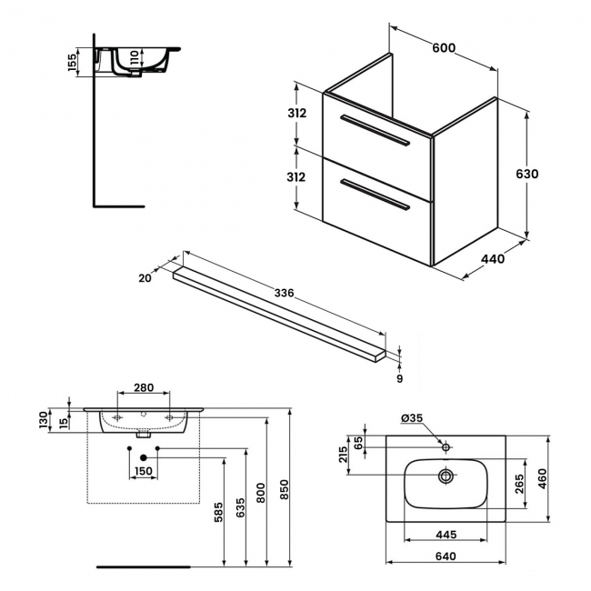 Ideal Standard I.Life A Wall Hung 2-Drawer Vanity Unit with Basin and Matt Black Handle 640mm Wide - Matt Griege