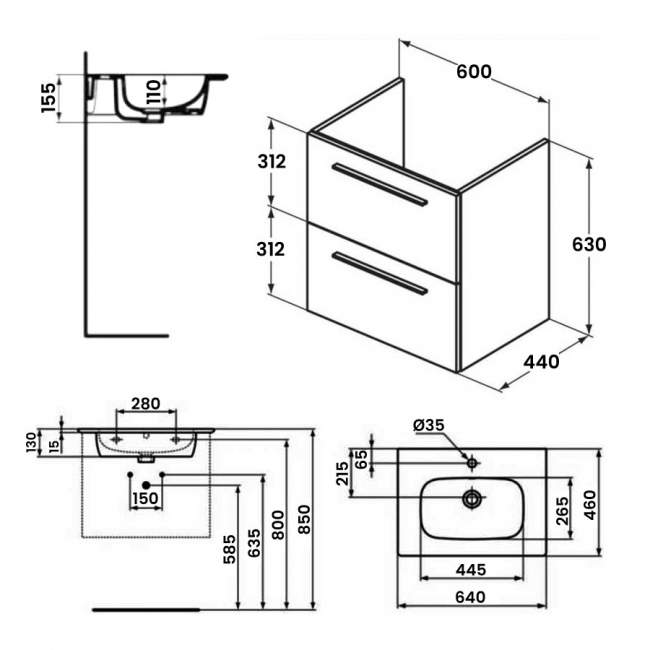 Ideal Standard I.Life A Vanity Unit 600mm T5255NG+T5326YE+T461901