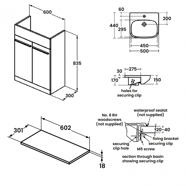 Ideal Standard I.Life A Floor Standing 2-Door Vanity Unit with Basin 600mm Wide - Matt Quartz Grey