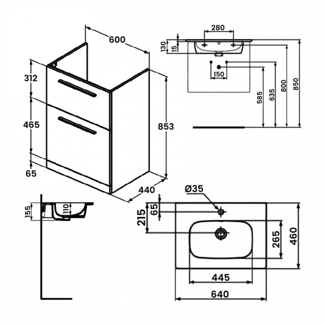 Ideal Standard I.Life A Floor Standing 2-Drawer Vanity Unit with Basin and Matt Black Handle 640mm Wide - Matt White