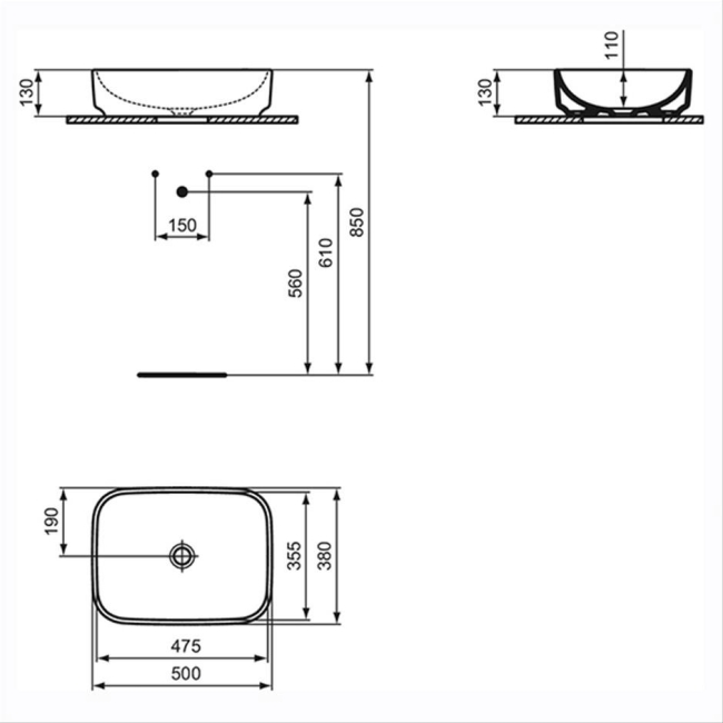 Ideal Standard I.Life B Vessel Sit-On Countertop Basin 500mm Wide - White  | Dimension Image